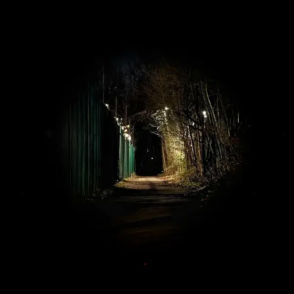 Dark alley illuminated by street light